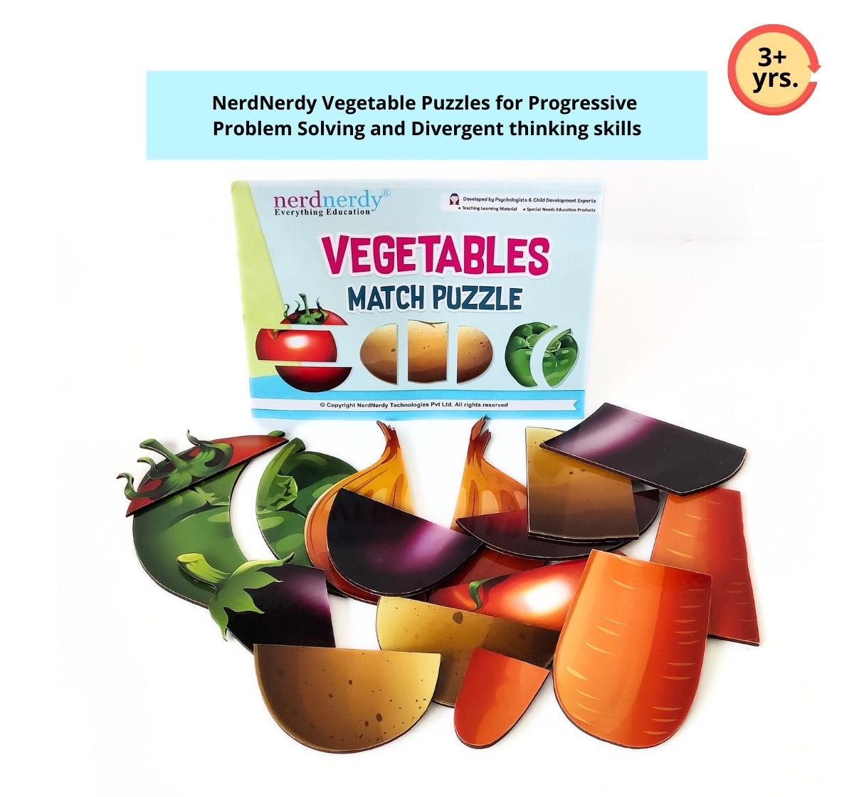 NerdNerdy Vegetables Match Puzzle/set of 6 vegetable with large wooden pieces/ 2 wooden dices/ great resource for 3+yrs preschoolers/ Can be used for children with Special Education Needs. - NerdNerdy