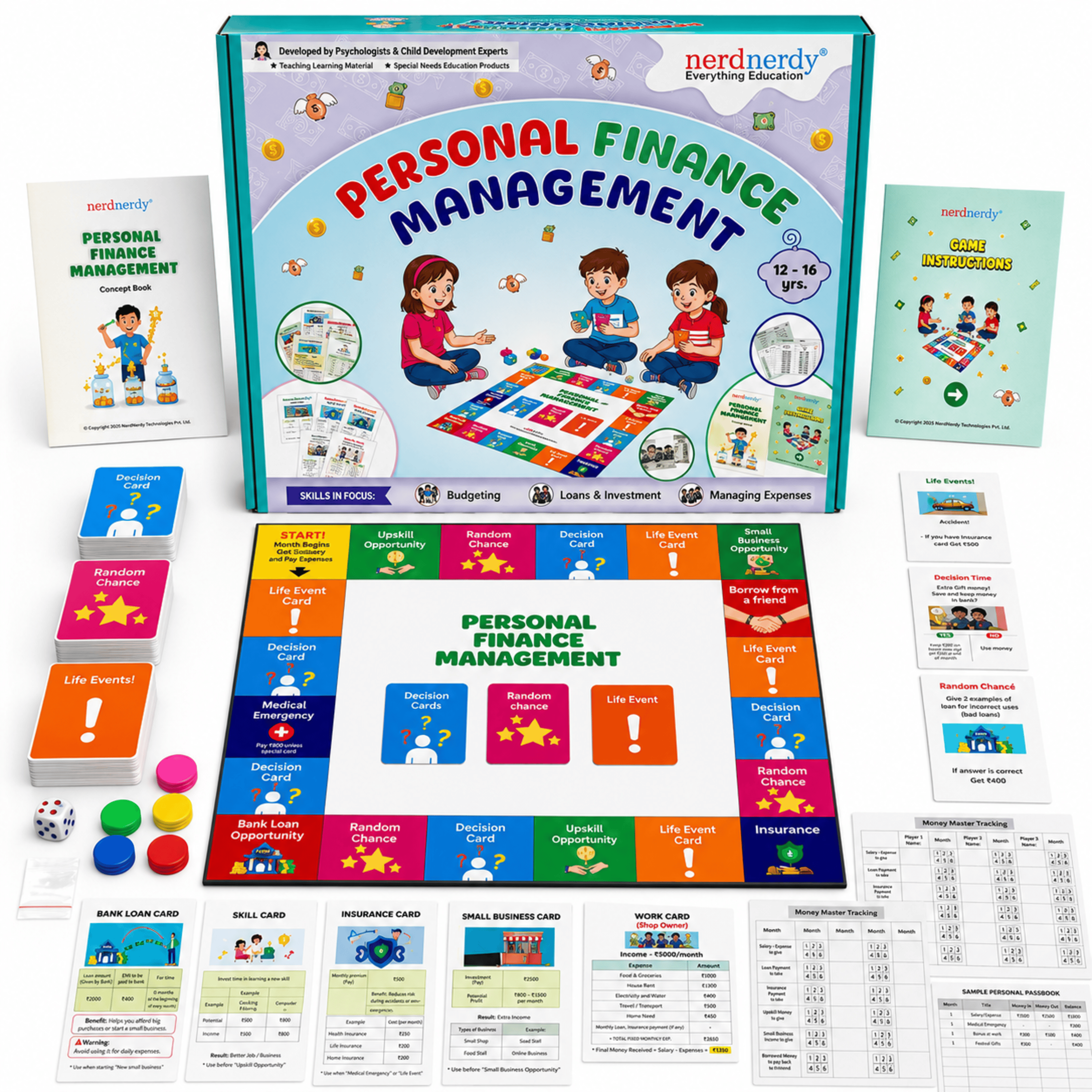NerdNerdy Personal Finance Management Board Game, Finanicial Literacy in gamified Way for 12-16yrs Old, Learn Budgeting, Savings, Loans, Investments, Entrepreneurship, TLM, Classroom kit for Schools.