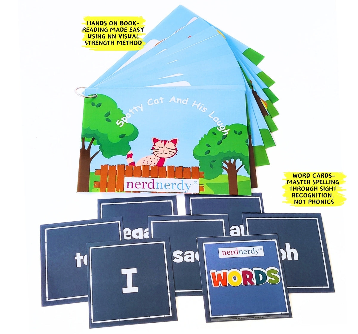 NerdNerdy Visual Strength Reading Method-'Spotty Cat & its laugh'/4+yrs/Research backed method to enhance reading skills through sight memory - NerdNerdy