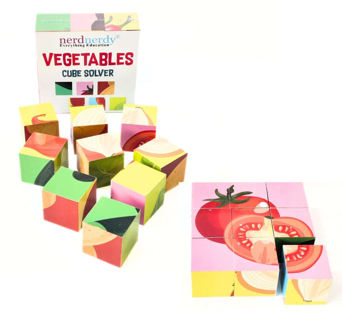 NerdNerdy Vegetable Cube Solver/Set of 9 wooden vegetable cubes ( 2'' by 2'') enhance processing speed, cognitive skills and Spatial awareness in 3+yrs kids/Can be used for children with Special Education Needs. - NerdNerdy