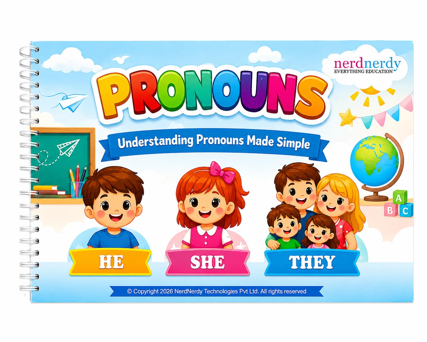 NerdNerdy Pronouns Learning Book with Flashcards | Ages 4-9 Years, Includes Flashcards & write and wipe marker, Spiral Bound Book, with Grammar Skills