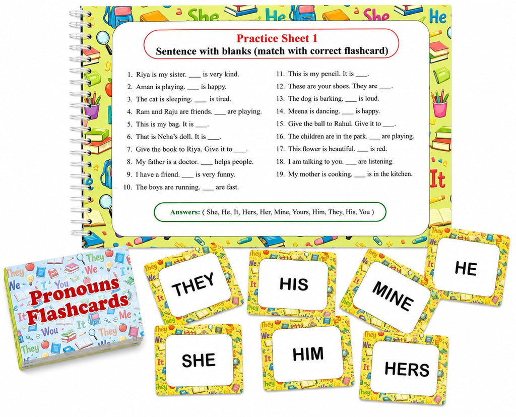 NerdNerdy Pronouns Learning Book with Flashcards | Ages 4-9 Years, Includes Flashcards & write and wipe marker, Spiral Bound Book, with Grammar Skills