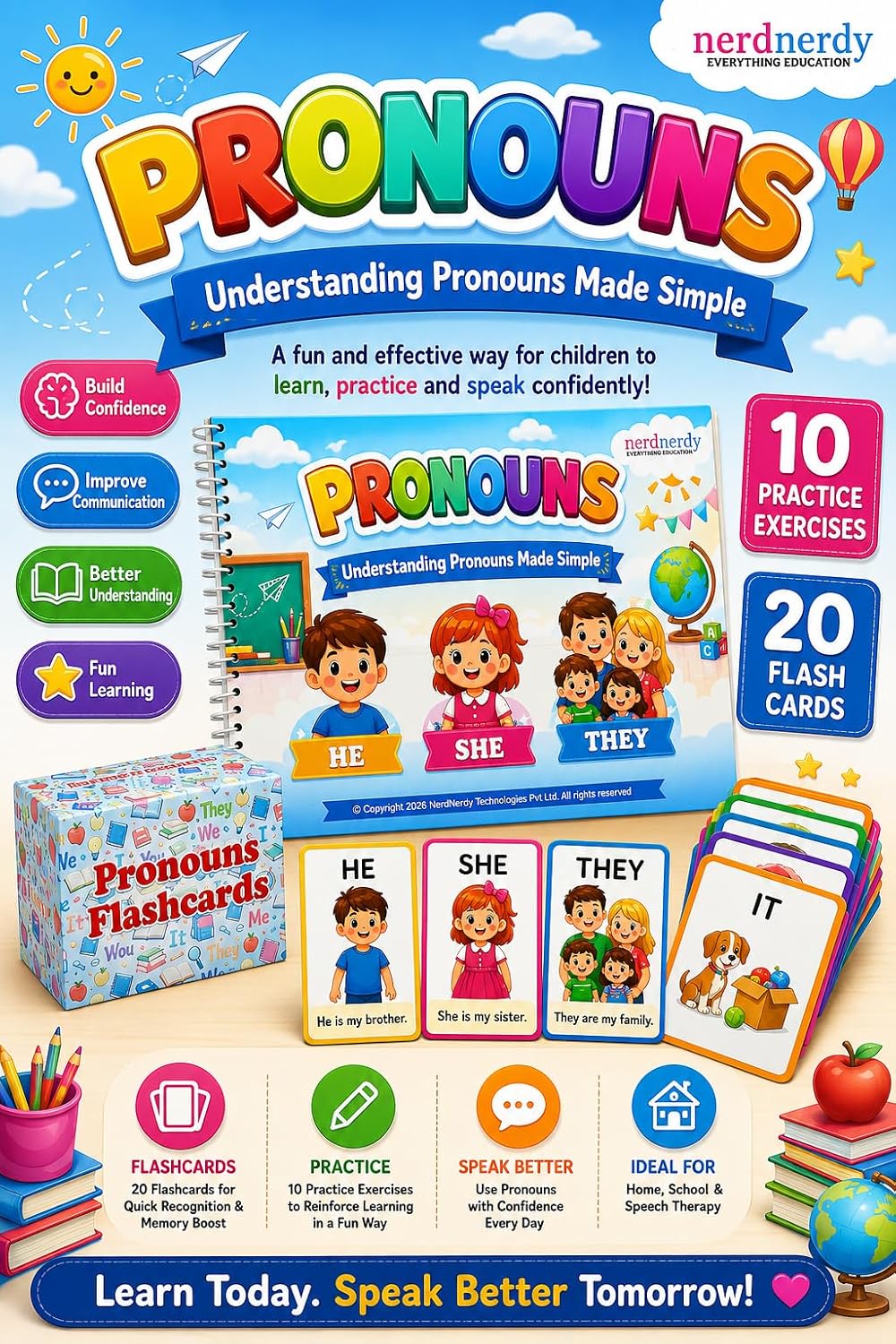 NerdNerdy Pronouns Learning Book with Flashcards | Ages 4-9 Years, Includes Flashcards & write and wipe marker, Spiral Bound Book, with Grammar Skills