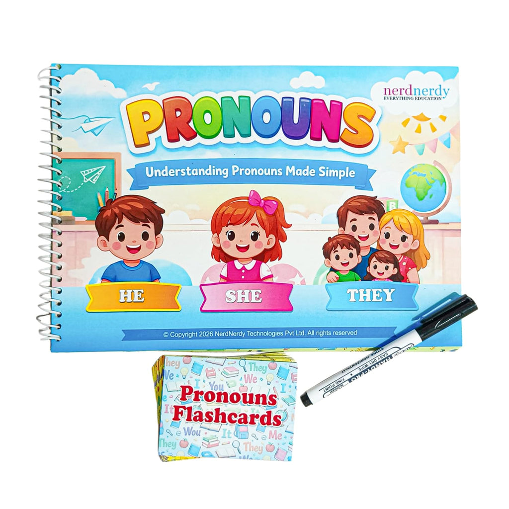 NerdNerdy Pronouns Learning Book with Flashcards | Ages 4-9 Years, Includes Flashcards & write and wipe marker, Spiral Bound Book, with Grammar Skills