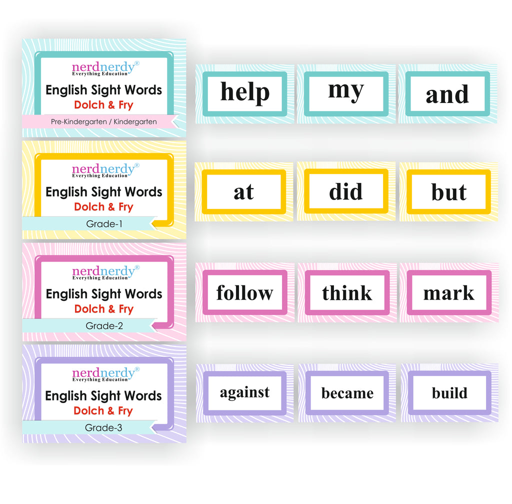 Nerdnerdy English Sight Words Flashcards Dolch & Fry | Pre-K to Grade 3, Ages 3-6 Years, 4 Level Sets, Early Reading Tool, Dolch & Fry Method