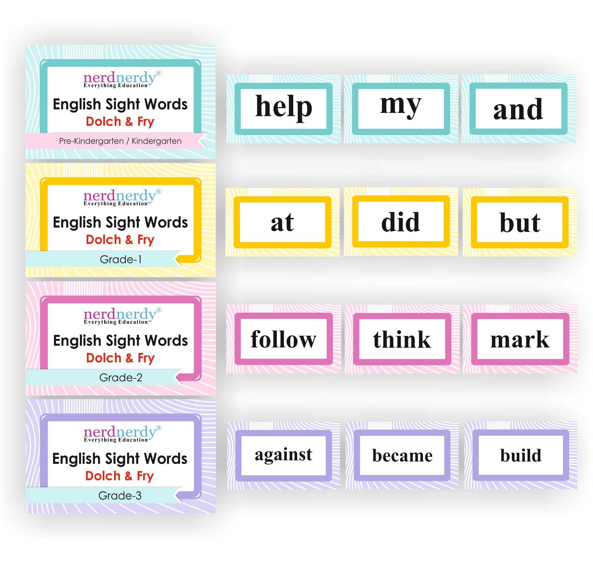 Nerdnerdy English Sight Words Flashcards Dolch & Fry | Pre-K to Grade 3, Ages 3-6 Years, 4 Level Sets, Early Reading Tool, Dolch & Fry Method