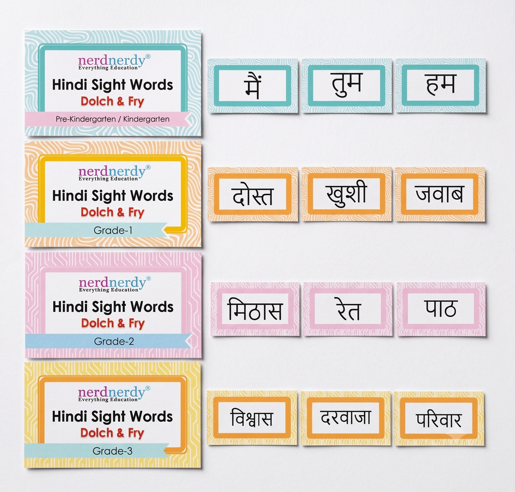 Nerdnerdy Hindi Sight Words Flashcards Dolch & Fry | Pre-K to Grade 3, Ages 4-9 Years, 4 Level Sets, Early Reading Tool, Dolch & Fry Method